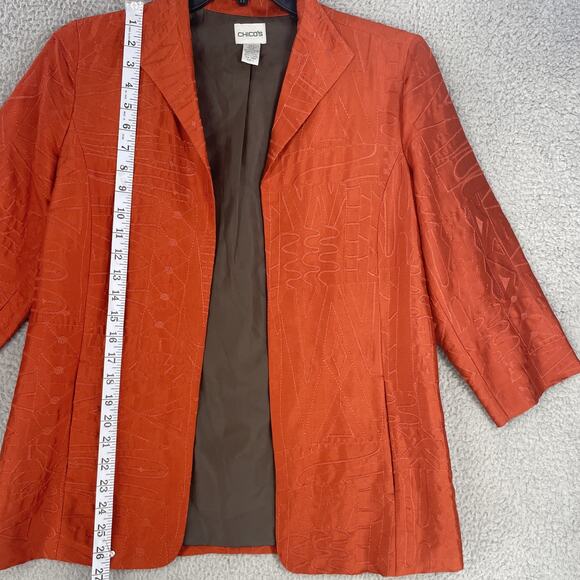 Chicos Jacket Womens Orange Silk Embroidered Sz 1/ Medium / 8 Open Front Boho - Picture 2 of 8